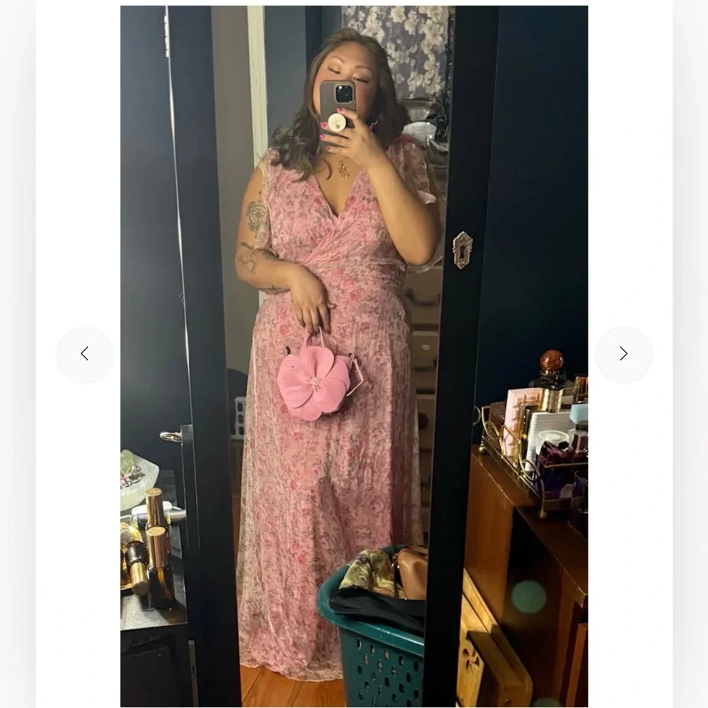 Lulus Dreamiest Desires Pink Floral Flutter Sleeve Maxi Dress Size XL Whimsical